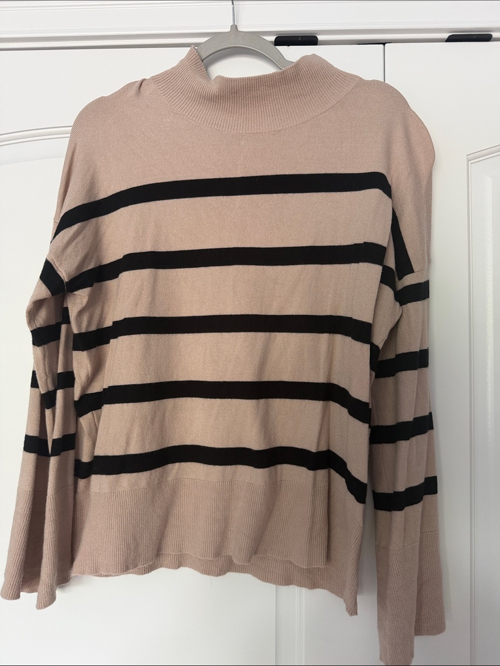 Striped Beige Mock Neck Sweater with Black Accents